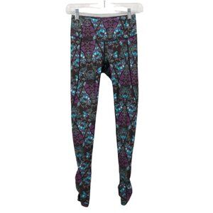 CALIA Abstract Kaleidoscope Ruched Leggings Full Length XS? Black Purple Teal